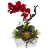 Nearly Natural Seasonal Orchid and Succulent Garden, White Wash Planter, Red