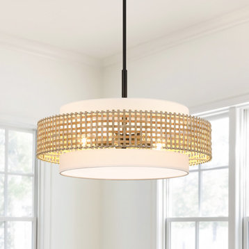 5-Light Double Shade Drum Chandelier With Black Canopy, Bamboo With White Shade