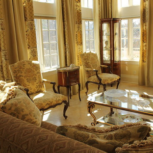 Diseño de salón para visitas abierto, mediterráneo, grande, sin chimenea, con paredes amarillas, suelo de mármol y televisor independiente