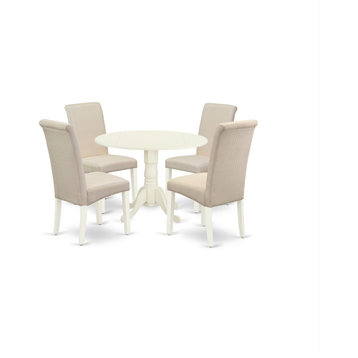 5-Piece Dining Set, Small Round Table, Four Parson Chairs, Cream Fabric, White