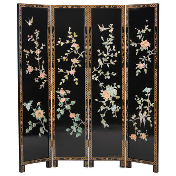 6' Tall Black Lacquer Room, Birds and Flowers