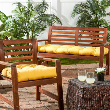 Teak Wood Chair and Loveseat with Bright Yellow Cushions