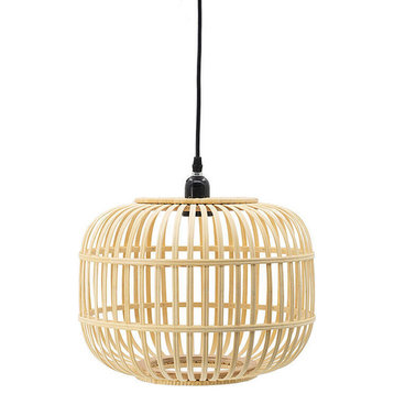 Mid-Century Modern Style Drum Shaped Bamboo Wooden Pendant Lamp