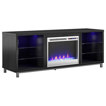 Elegant Modern TV Stand, 6 Open Glass Shelves and Center Fireplace, Black Oak