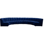 Meridian Furniture - Infinity Channel Tufted Velvet Modular Chair, Navy, 7 Piece - Create a seating group that works for every possible situation with this Infinity modular 7-piece sectional and other pieces in the Infinity collection. Upholstered in soft navy velvet material that feels great against the skin and offers long-wearing beauty, this piece fits with other Infinity items for an infinite number of combinations that get your seating requirements just right but that look just as nice when used on their own.