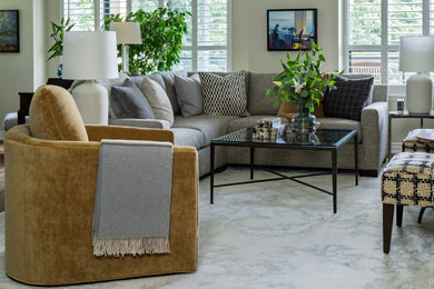Mid-sized trendy open concept medium tone wood floor and brown floor living room photo in Toronto with beige walls, no fireplace and a media wall