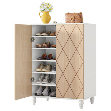 6-Tier 2-Door Shoe Cabinet With Solid Wood Legs, Wooden Shoes Storage Cabinets