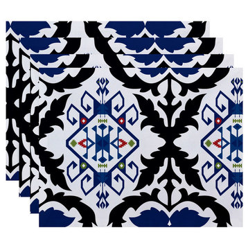 18"x14" Bombay Medallion, Geometric Print Placemat, Navy Blue, Set of 4