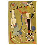 Kashmir Designs - Kandinsky Airplane Wool Rug / Wall Tapestry Green Hand Embroidered 6ft x 4ft - This modern accent wool Rug is hand embroidered by the finest artisans of Kashmir and design inspired by the works of modern artist, Wassily Kandinsky. Many of our customers buy these contemporary rugs as a wall art to decorate the walls of their modern homes or to spice up their traditional decor. The expert Kashmiri needlework in this handmade, hand embroidered contemporary rug is of the finest chainstitch, a superlative stitch. The eye-catching design deserves to be seen and experienced. Wherever you place it, it is sure to draw attention. The Kashmir wool makes it soft to the touch, and the texture of the embroidery is a sensory delight. This area rug will make an excellent outdoor or indoor rug and will add fun and festive atmosphere to your home.