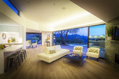 Diseño de sala de estar abierta moderna grande con paredes blancas, suelo de madera clara, chimenea lineal, marco de chimenea de piedra y televisor colgado en la pared