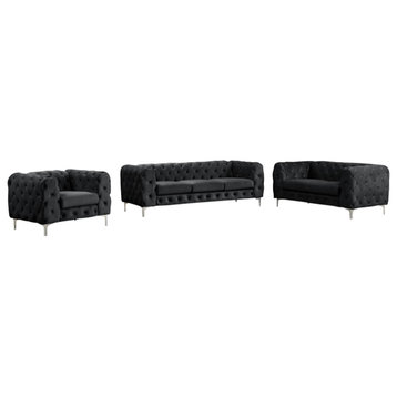 Rebekah  3 Piece Velvet Standard Foam Living Room Set sofa+loveseat+Chair, Black