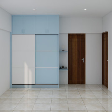 Modern Blue Bedroom Storage with Floating Shelves