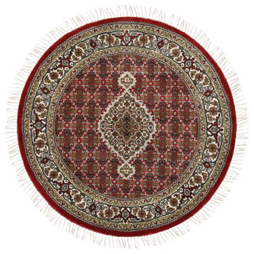 Red Hand Knotted Wool-Silk Tabriz Mahi Fish Medallion Design Rug, 4'1" x 4'1"