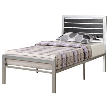 Benzara BM171741 Twin Size Bed With Wood Panel Headboard, Silver & Black