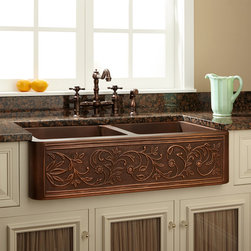 36" Vine Design Double-Bowl Copper Farmhouse Sink - Kitchen Sinks