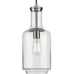 Progress Lighting - Latrobe Collection Brushed Nickel 1-Light Pendant - Introduce a pop of personality into your home with this pendant. A round ceiling plate coated in a brushed nickel finish anchors the pendant in place as the light source hangs below. A bottle-inspired clear glass shade adds a twist to a simple industrial style that brings this light fixture's vintage charm to the forefront of your home's lighting design.