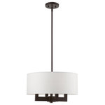 Livex Lighting - Cresthaven 4 Light Bronze Pendant Chandelier - The Cresthaven collection has a clean, crisp look and contemporary appeal. The hand-crafted off-white fabric hardback shade offers a diffused warm light.  This bronze finish with antique brass finish accents four-light pendant chandelier has sleek exposed angular arms making it tasteful to elevate your style.  Will adapt well in the living room, dining room and bedroom.