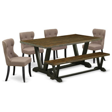 East West Furniture V-Style 6-piece Wood Dining Set with Bench in Black