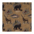 Bears Fish Ducks Deer and Trees Themed Tapestry Upholstery Fabric By The Yard