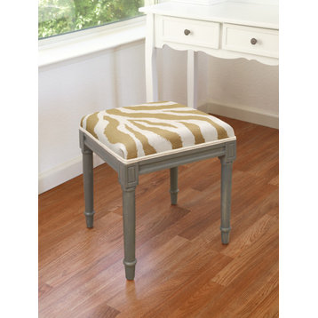 Zebra Print-Aqua, Linen Upholstered Vanity Stool, Tan