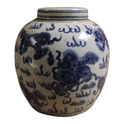 Chinese Oriental Blue White Porcelain Foo Dogs Ginger Jar Large - Decorative Accents