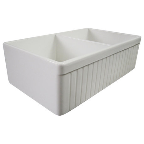 32" Fluted Double Bowl Fireclay Farmhouse Kitchen Sink, White