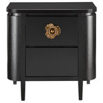 Currey & Company - Briallen Black Nightstand - The impressively sized brass flower pull on the Briallen Black Nightstand is a stunning ornamentation. Contrasting the Caviar black stain, the floral motif in an antique brass finish brings the nightstand a sophisticated feel and illustrates the skill of our artisans who hand-cast the handle in brass. We offer the Briallen in a number of designs and in two finishes.