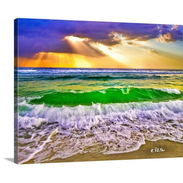 Beach Sunset And Breaking Ocean Waves Wrapped Canvas Art Print, 20"x16"x1.5"