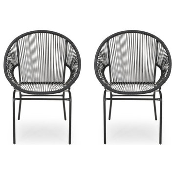 Carolina Outdoor Modern Faux Rattan Club Chair, Set of 2, Black