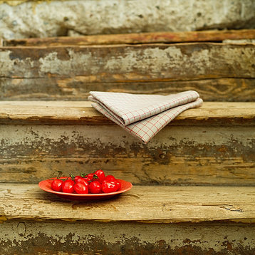Gingham Linen Prewashed Tea Towels, Set of 2, Natural Red