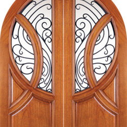 Round Top Solid Mahogany Double Prehung Doors with Forged Iron - Front Doors