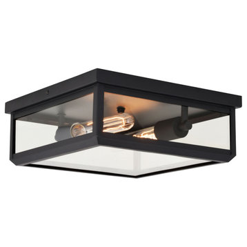Kinzie Transitional Indoor Outdoor Square Flush Mount Ceiling Light Clear Glass, Textured Black
