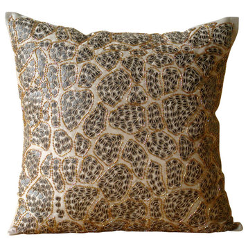 Leopard Sequins 22"x22" Art Silk Beige Cushion Covers, Leopard Spots
