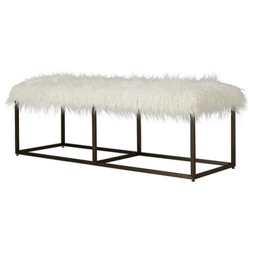Maklaine 56" Modern Bronze Faux Alpaca Fur Bedroom Bench in White