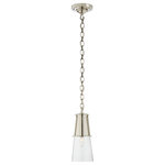Visual Comfort & Co. - Robinson Small Pendant in Polished Nickel with Clear Glass - Inspired by modernizing retro styles, Thomas O'Brien designed the Robinson as a refined update of a 1960s lamp. Elegantly retro touches like seeded glass are juxtaposed with contemporary polished metal and sophisticated details. The conical silhouettes of chandeliers, pendants, sconces, lamps, and flush mounts will elevate interiors.