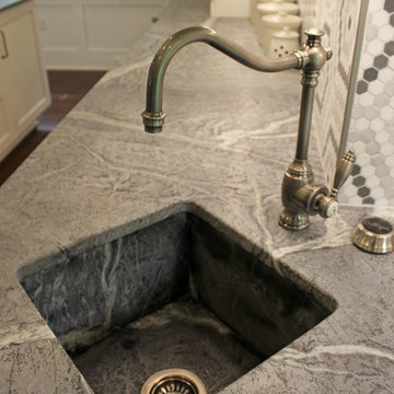 White Cabinets, Grey Countertops and Edgy Tile Backsplash