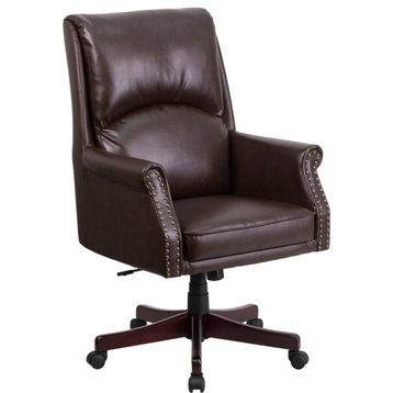 High Back Pillow Back Brown Leather Executive Swivel Office Chair with Arms