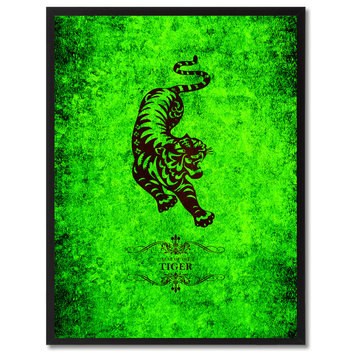 Tiger Chinese Zodiac Green Print on Canvas with Picture Frame, 13"x17"