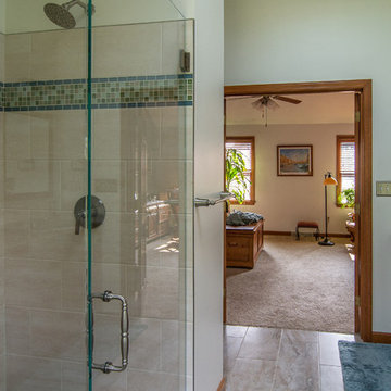 Master bath featuring a rustic character cherry vanity cabinet