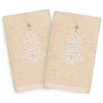 Christmas Scroll Tree, Embroidered Turkish Cotton Hand Towels, Set of 2, Sand
