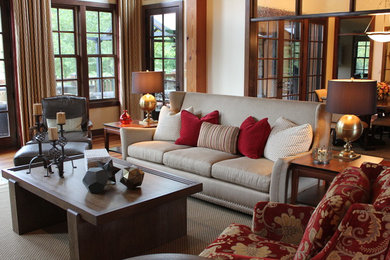 Mid-sized transitional formal and open concept medium tone wood floor living room photo in Other with white walls, no fireplace and no tv