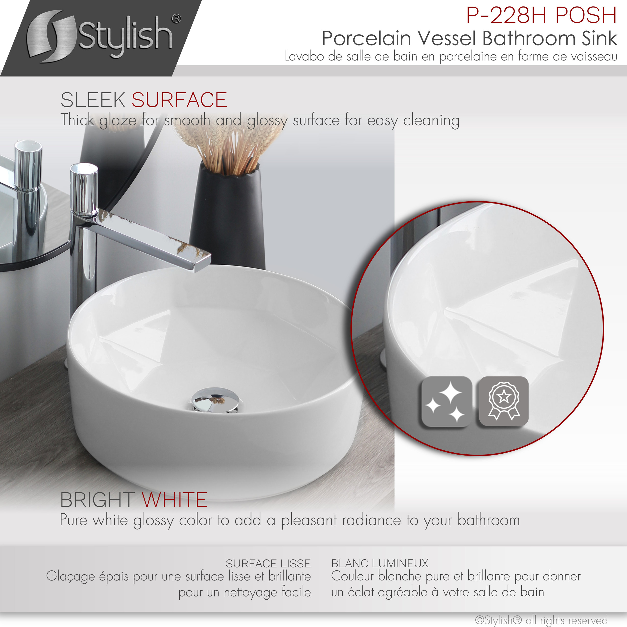 STYLISH Porcelain Round 15-3/4-inches Vessel Ceramic Bathroom Sink White