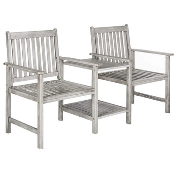 Unique Outdoor Bench, Acacia Wood, 2 Seats With Integrated Side Table, Gray