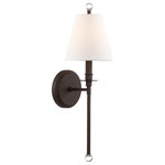 CRYSTORAMA LIGHTING - Crystorama Riv-382-Db Riverdale 1 Light Dark Bronze Sconce - CRYSTORAMA RIV-382-DB Riverdale 1 Light Dark Bronze SconceCrystorama chandeliers combine high-style design with premium materials and manufacturing techniques.Through intelligent product development and the use of smart package design, Crystorama maintains lower damage rates in lighting.Style: TransitionalCollection: RiverdaleFinish: Dark BronzeMaterial: SteelCrystal Type: GlassGlass/Shade Material: White SilkDimension(in): 6(W) x 14.5(H) x 7(Depth/Ext) x 14.5(Overall H)Canopy/Backplate Dimension(in): 5"WShade Dimension: 6"D x 5.75"HShade Shape: RoundWire Length(in): 72Bulb: (1)60W Candelabra Base (Not Included)Hanging Weight(lbs): 1.7Listing: UL, CUL, CSA