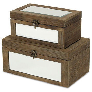 Set Of 2 Lined Natural Brown Wood Box With Bevelled Mirror Top And Front