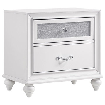 Contemporary 2 Drawers Nightstand, Upper Drawer With Glittering Accent, White