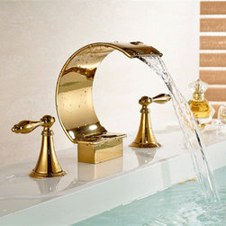 Waterfall Spout Bathroom Basin Faucet Double Knobs Sink Mixer Tap Gold Finish - Bathtub Faucets