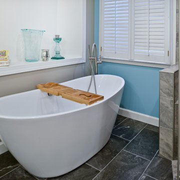 Elegant Curved Shower Highlights New Spacious Master Bath