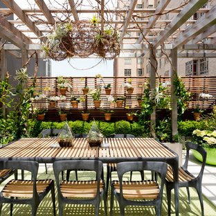 ニューヨークの大きいコンテンポラリースタイルのおしゃれな屋上のデッキ (パーゴラ) の写真