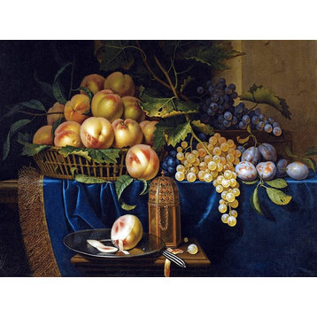 Tile Mural, Fruit Peach Grapes Plum By Paul Liegeois Mid-17Th Century Glossy